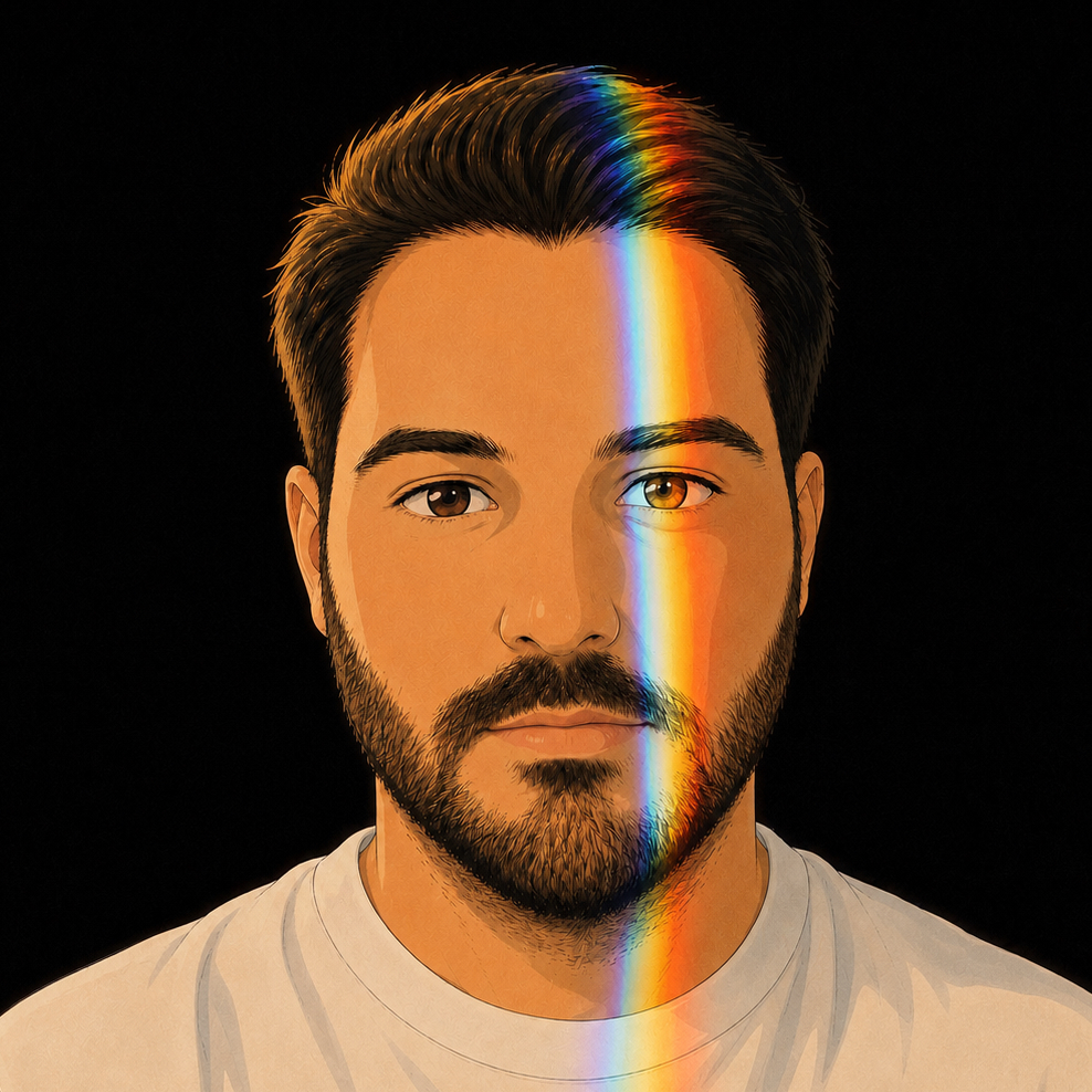 Illustrated portrait of Fabian with a rainbow light reflection